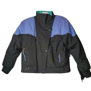 Vintage Eddie Bauer Goose Down Ski Jacket Puffer Black Teal Purple Colorblock L